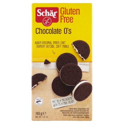 Schär Chocolate O's Bezglutenowe herbatniki kakaowe z mlecznym nadzieniem 165 g (16 sztuk)