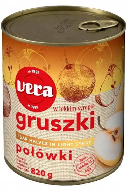 Gruszki połówki w syropie 820/460g VERA