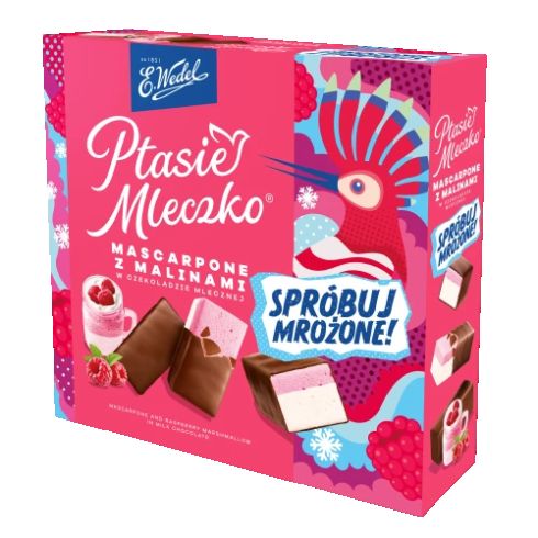 Ptasie mleczko mascarpone z malinami w czekoladzie mlecznej 340g E.Wedel